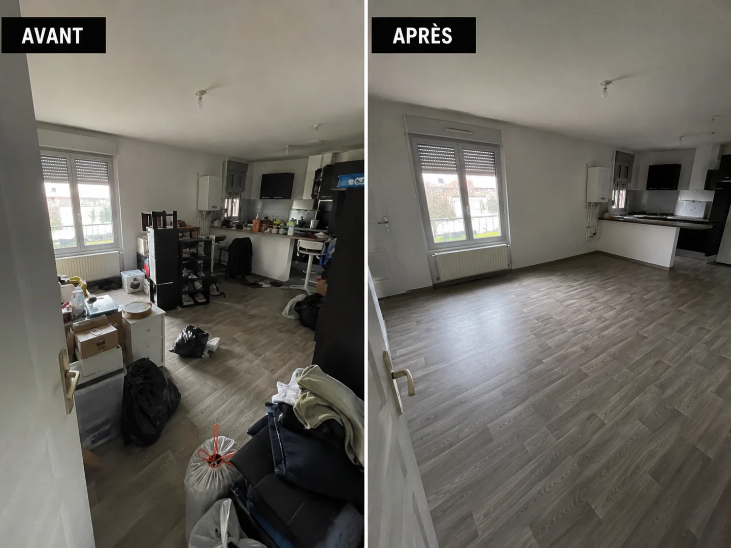 Avant et après : un appartement à rendre. Avant, Séjour et cuisine ouverte : cartons, sacs, étagère, vêtements en tas, le contenu d’un déménagement pas fini. Après, Vide et propre, prêt pour l’état des lieux.