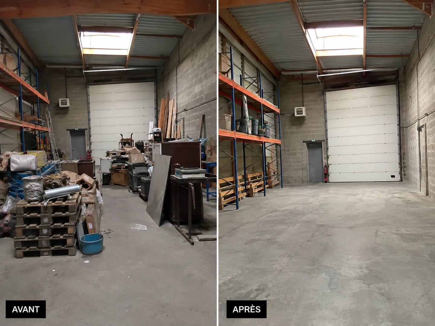 Avant et après : un atelier d’entreprise. Avant, Palettes, mobilier de bureau, machines, planches, cartons d’archives sur toute la largeur du plateau. Après, Le sol libre pour la suite, les palettes utiles rangées sur le rack.
