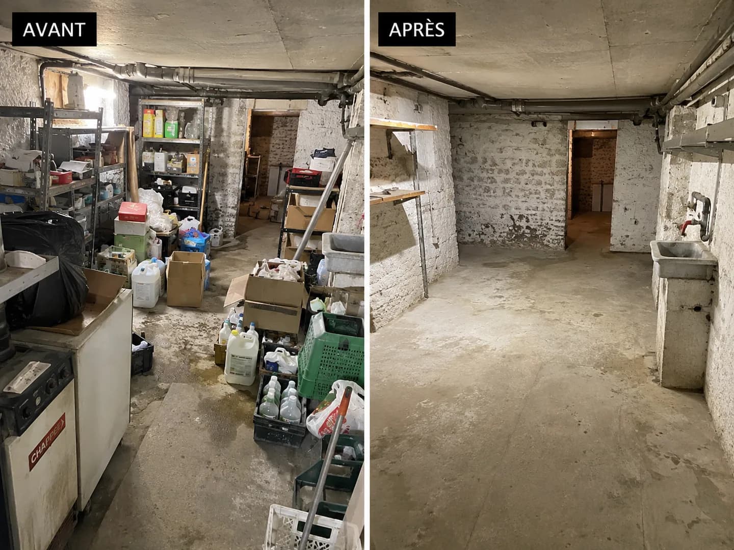 Avant et après : la cave d’un ancien commerce. Avant, Étagères métalliques, bidons, cagettes, produits d’entretien, un vieux fourneau, sous des voûtes chaulées. Après, La cave vide jusqu’à l’évier, prête à être reprise.