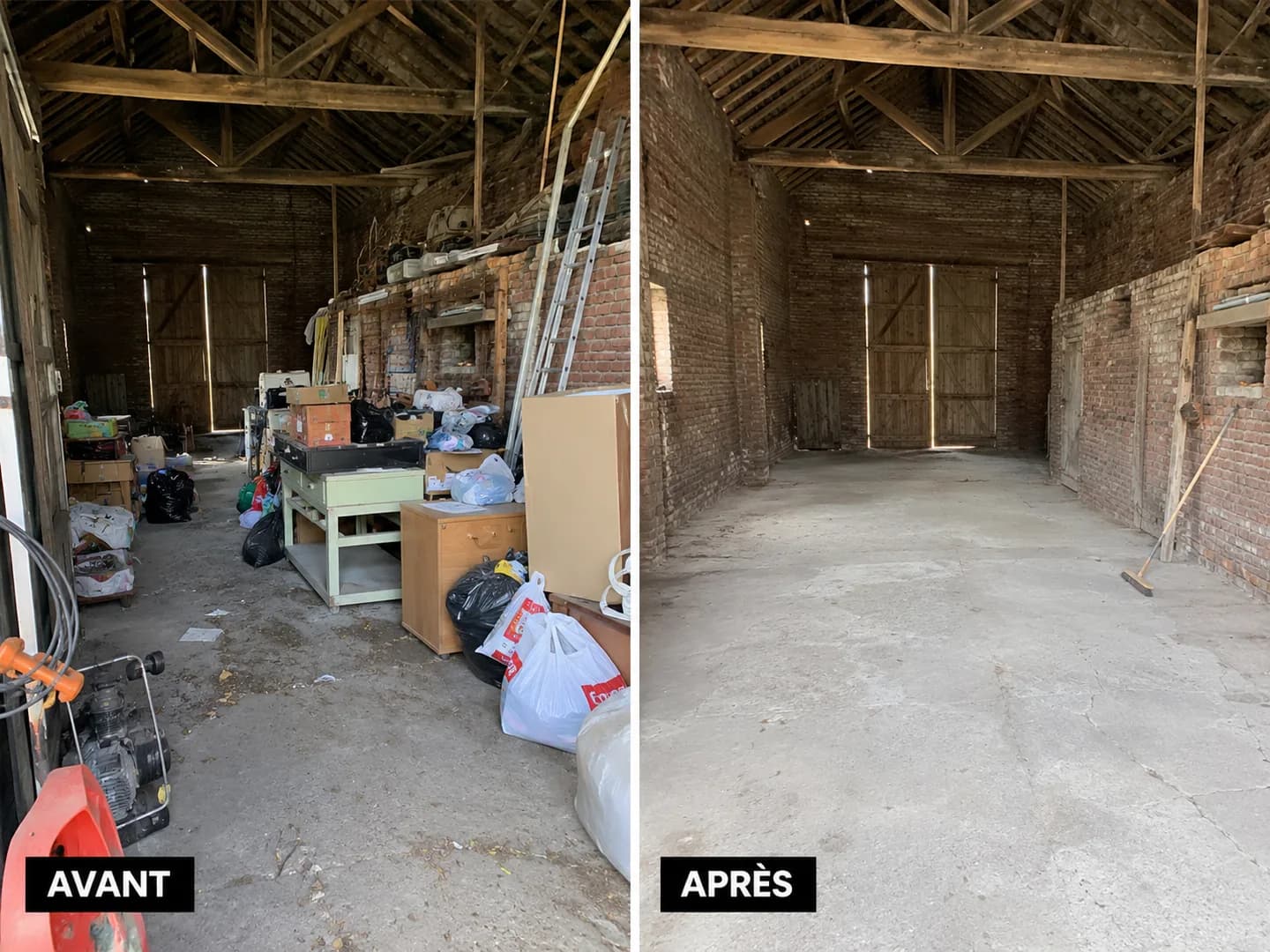 Avant et après : une grange de ferme. Avant, Briques, charpente apparente, et vingt ans de dépôt : établi, meubles, cartons, sacs, une échelle, un motoculteur. Après, Le sol béton nu et balayé, la charpente qu’on revoit.