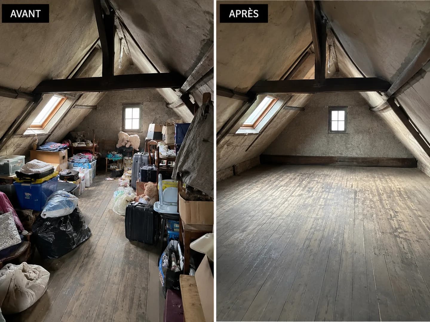Avant et après : un grenier sous charpente. Avant, Valises, bacs plastiques, chaises, jouets, cartons : ce qu’une famille monte là-haut pendant trente ans. Après, Le plancher nu, d’un mur à l’autre.