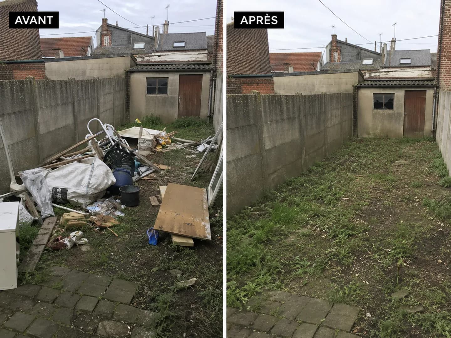 Avant et après : l’arrière d’une maison de ville. Avant, Planches, sacs de gravats, mobilier de jardin cassé, seaux, un tas contre le mur du voisin. Après, Le jardin rendu, l’abri intact, plus rien contre le mur.