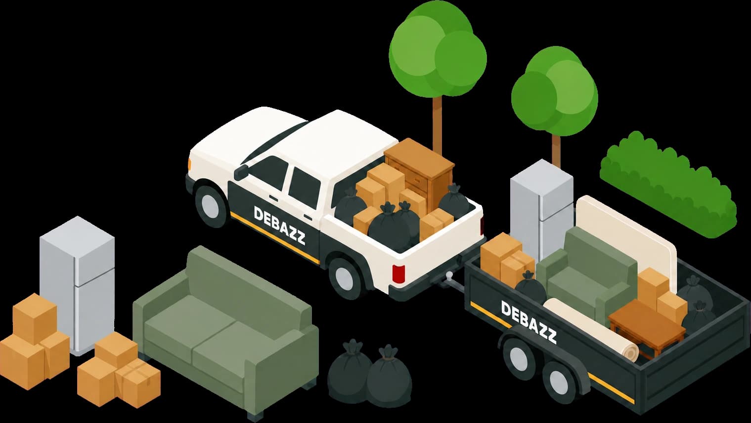 Pick-up DEBAZZ attelé à une remorque, chargés de meubles, cartons et sacs
